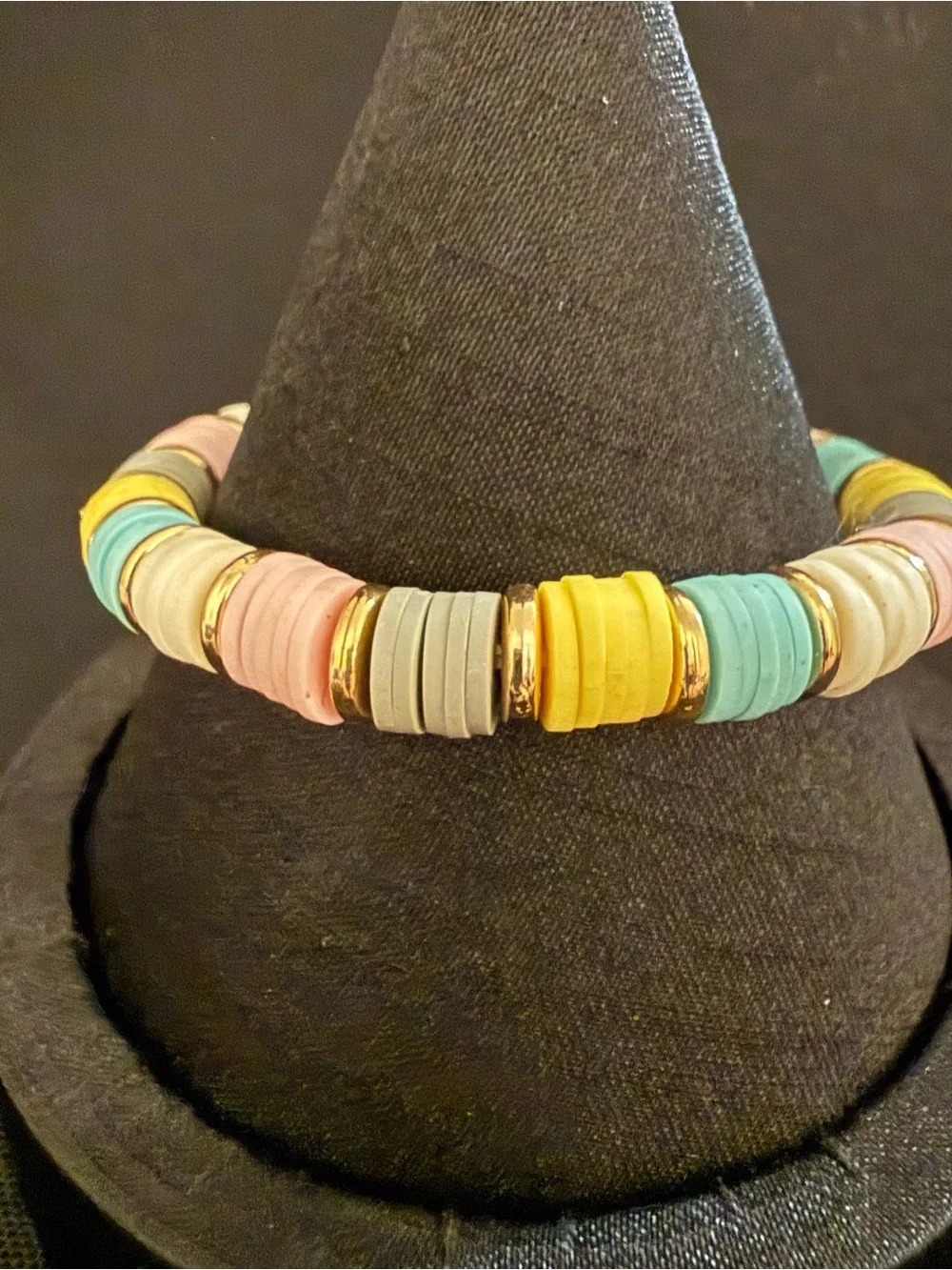 Pastel Heishi Disc Bead Stretch Bracelet Gold Tone Spacers Boho Beach Stack